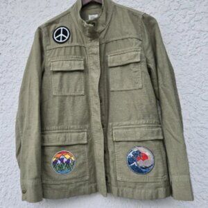 J. Crew Olive Green Utility Jacket with Patches – Peace Sign, Mountain, SizeM